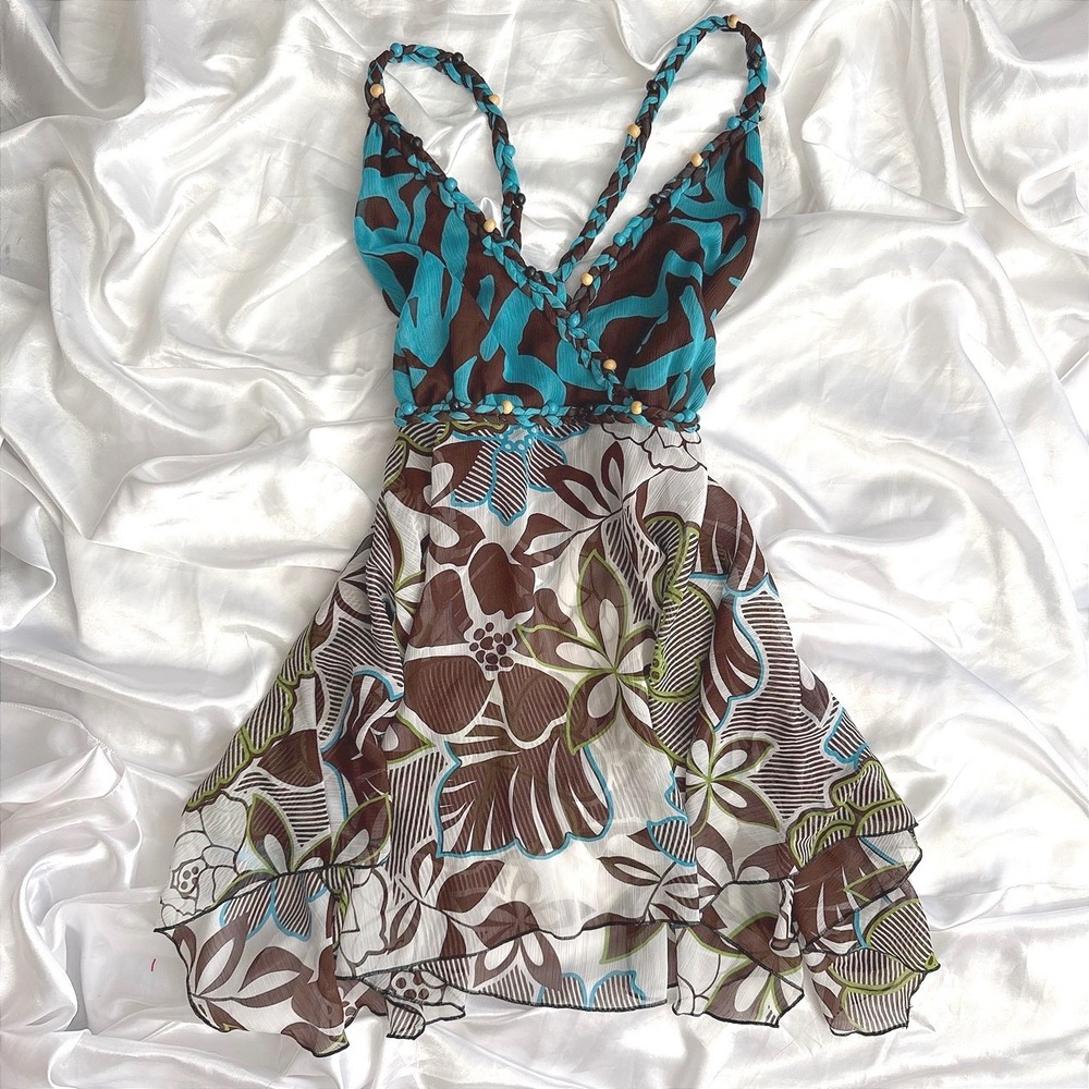 Bisou Bisou Michele Bohbot Tropical Floral Braided Bead Babydoll Top Large